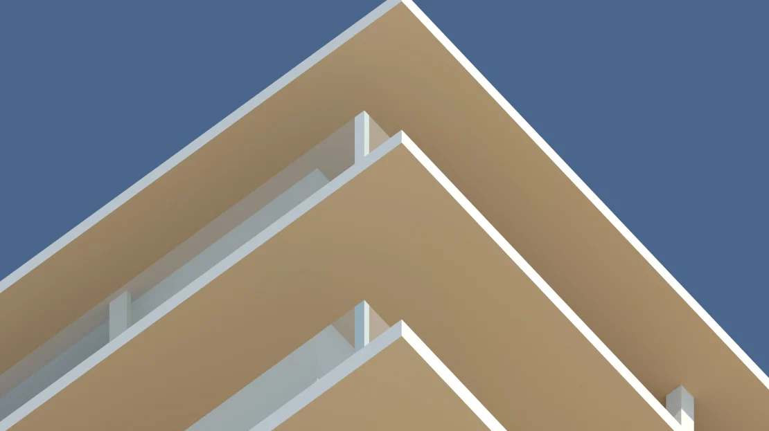 Balcons superposés d’un immeuble moderne sur fond de ciel bleu.