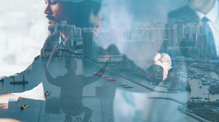 immeubles en transparence et 2 personnes qui se serrent la main