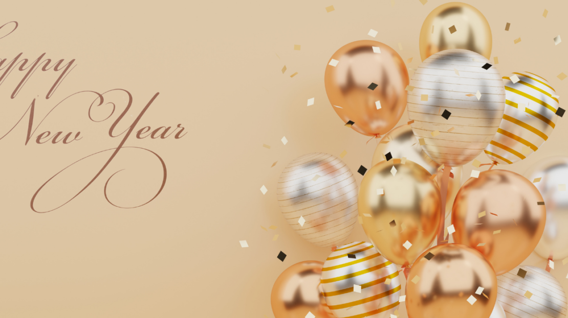 Illustration de vœux de Nouvel An avec ballons dorés, argentés et confettis sur fond beige.