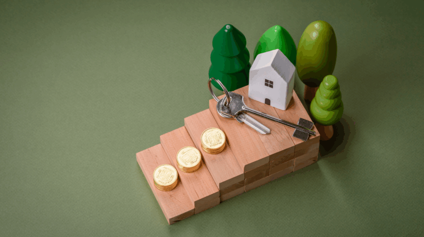 Maison, clés et piles de pièces illustrant le principe d'amortissement immobilier au Luxembourg